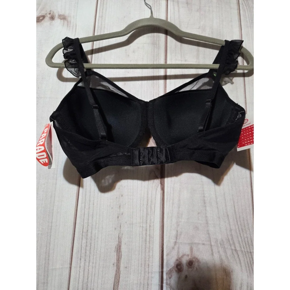 Parade Eightball Silky Mesh Underwire Bra Black Rose‎ Floral Ruffle Trim S+ New